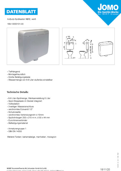 WC Spülkasten JOMO Jomorit Spartaste Spül-Stopp, 6 - 9 Liter, Weiß
