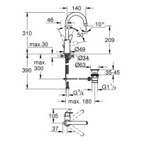 Grohe Waschtischarmatur Bauflow L-Size Ausladung 140mm chrom