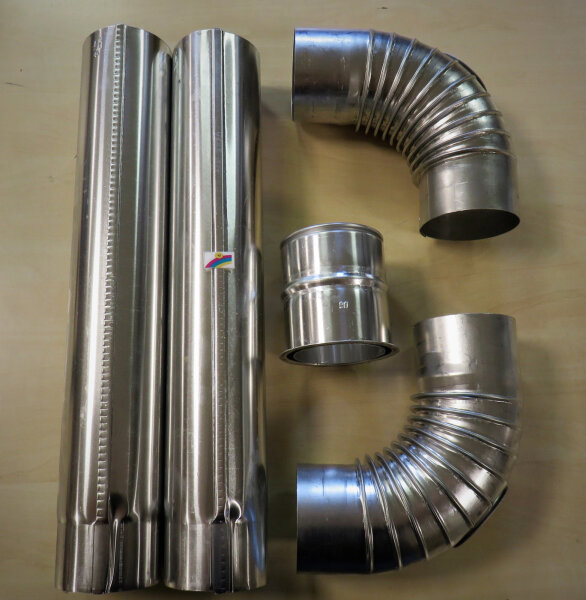 Aluminium Abgasrohr Set 2 Bogen + 2 Rohre DN 90 mit Wandfutter DN 90