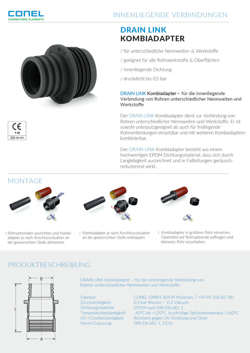 Conel Drain Link Gummi Kombiadapter 100/105 x 90/75 mm für innenliege ...